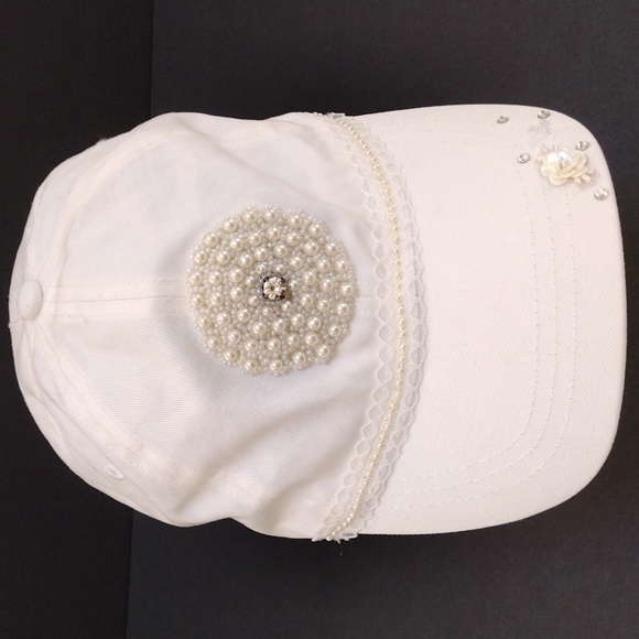 Vintage Embellished Brim Cap Hat Pearls Beads Lace Rhinestone - Picture 2 of 10